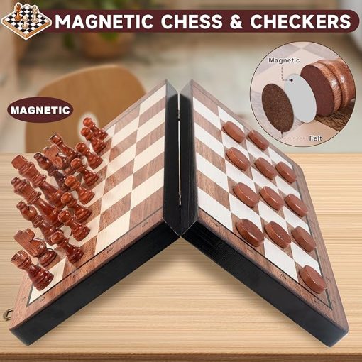Bravmate 2 in 1 Magnetic Chess and Checkers Set with Extra Queens 15 Inches - Image 2