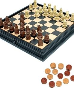 Medieval Chess and Checkers Set with Polystone Pieces and Drawer 15 in