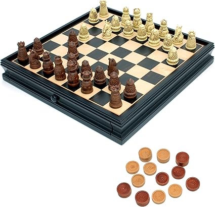 Medieval Chess and Checkers Set with Polystone Pieces and Drawer 15 in Medieval Chess and Checkers Set with Polystone Pieces and Drawer 15 in