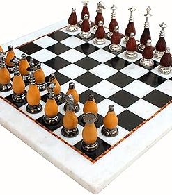 StonKraft Collectible Marble Chess Board Set + Brass Wooden Chess Pieces – 15″ Inches, 2 Players, Age 12+