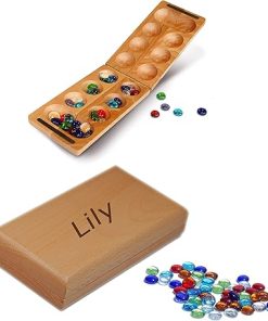 Custom Engraved Foldable Wood Mancala Board Game with Glass Stones 18″