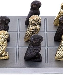 Classy Handmade Solid Aluminum, Brass & Oxidized Brass Metal Decorative Tic Tac Toe Board Game, Owl of Minerva Design, 11x11cm (4.3”x4.3”) 2