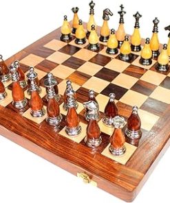 StonKraft 14 Inch Collectible Wooden Chess Game Set with Brass Pieces