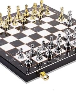 Metal Chess Set for Adults and Kids, 15”Large Marbling Chess Board with Storage –2 Extra Queens and 32 zinc Alloy Metal Pieces with a Sense of Weight,Folding Portable Travel Unique Chess Sets Game 2