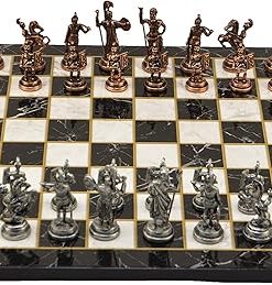 Handmade Metal Chess Set with Greek Zeus Copper Figures and Marble Board 2