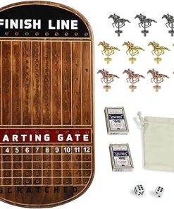 Large 21 Inches Horse Race Board Game Thickened Wood Finish Line Horse Racing Game for Friend’s Party Included 11 Metal Horses,2 Dices and 2 Decks of Cards（Oval,Vintage Flame）
