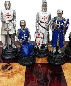 Hand Painted Medieval Knights Chess Set Blue White Maltese Cross Pieces