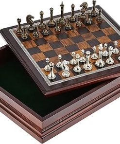 Metal Chess Set with Deluxe Wood Board and Storage 2.5 Inch King