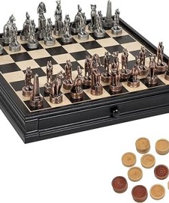 Egyptian Chess and Checkers Game Set with Pewter Chessmen and Drawer Storage