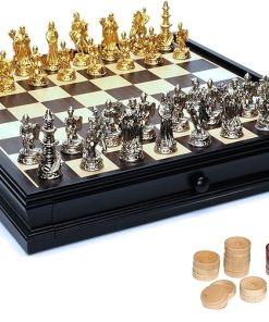 Medieval Chess and Checkers Set with Pewter Pieces and Black Board 15 in