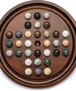 Deluxe Solitaire Game Set: 12.6” Solid Wooden Board, 32 Natural Marble Balls, Single-Player Strategy and Smart Games