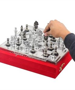 12″ Solid Brass Classic Black Chess Set | Metal Chess Pieces with Large Brass Board | Beautiful Handcrafted Set | Abstract Strategy Tactic Boards Games with Red Velvet Storage Case (Silver Board). 2