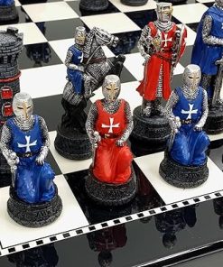 Hand Painted Medieval Times Crusades Chess Set Red Blue Black White Board 2