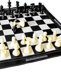 Genuine Leather Roll-Up Chess Set 19″ x 19″ with Plastic Pieces Black