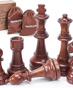 Vamslove Wooden Chess Pieces Large 4.5” King Set of 32 Luxury Staunton Wood Chessmen for Chess Game Board (Chess Pieces Only), Velvet Storage Bags Included