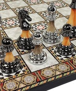 Chrome and Black Plastic Chess Men Set with 17 Inch Mosaic Board