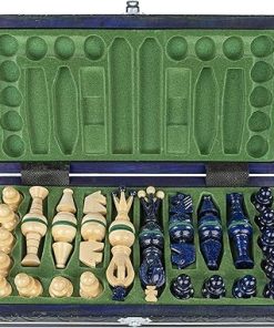 Blueberry 14-Inch Wooden Folding Chess Set with Vintage Carved Pieces 2