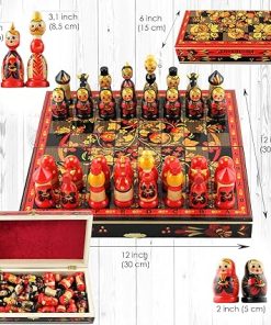 Khokhloma Themed Chess Set Russian Dolls Matryoshka Wood Decor 2