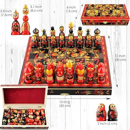 Khokhloma Themed Chess Set Russian Dolls Matryoshka Wood Decor 2 Khokhloma Themed Chess Set Russian Dolls Matryoshka Wood Decor - Image 2