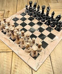 Vintage Marble Chess Set 12 Inch Marina Pink Base and Black Pieces 2