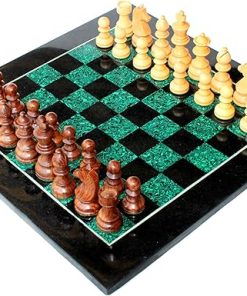 Black Marble and Malachite Chess Set with Wooden Pawns – 15 Inch Home Décor