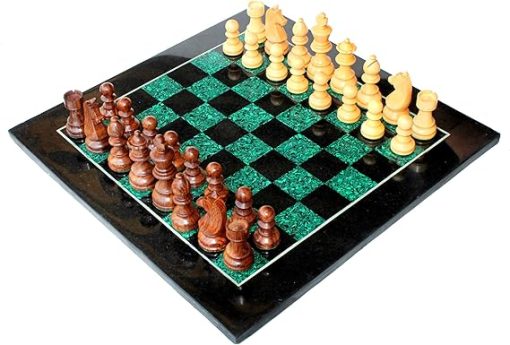 Black Marble and Malachite Chess Set with Wooden Pawns - 15 Inch Home Décor