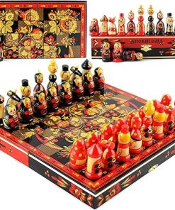 Khokhloma Themed Chess Set Russian Dolls Matryoshka Wood Decor