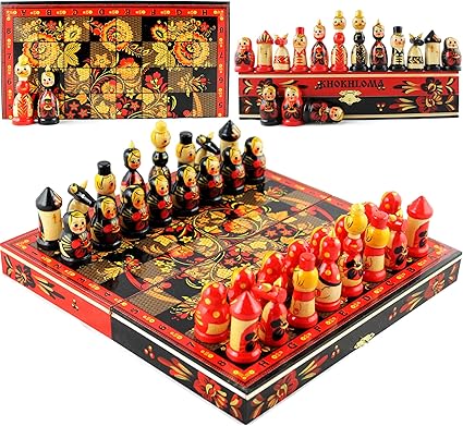 Khokhloma Themed Chess Set Russian Dolls Matryoshka Wood Decor Khokhloma Themed Chess Set Russian Dolls Matryoshka Wood Decor