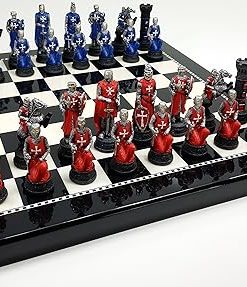 Hand Painted Medieval Times Crusades Chess Set Red Blue Black White Board