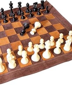 Genuine Leather Roll-Up Chess Set with Plastic Pieces 19″x19″ Brown 2