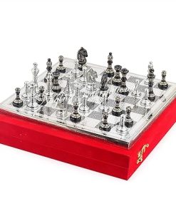 12″ Solid Brass Classic Black Chess Set | Metal Chess Pieces with Large Brass Board | Beautiful Handcrafted Set | Abstract Strategy Tactic Boards Games with Red Velvet Storage Case (Silver Board).