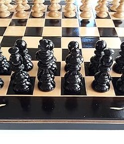 Black Wooden Chess Set with Carved Beech Wood Board Educational Game Gift