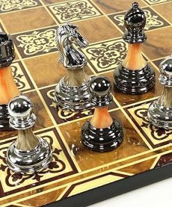 Chrome and Black Pro Plastic Chess Set with 17 Inch Burlwood Board