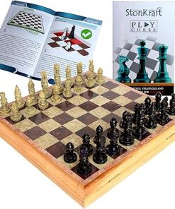 StonKraft Hand-Carved Chess Board with Wooden Base and Stone Inlay